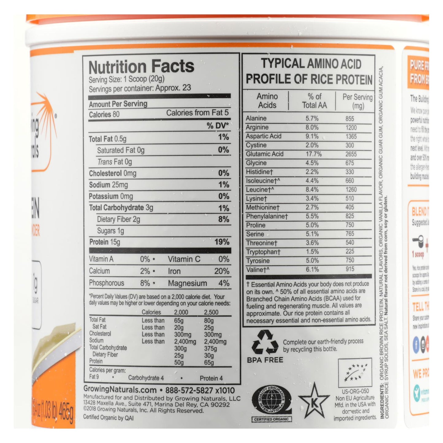 Growing Naturals Organic Raw Rice Protein - Vanilla Blast - 16.4 oz