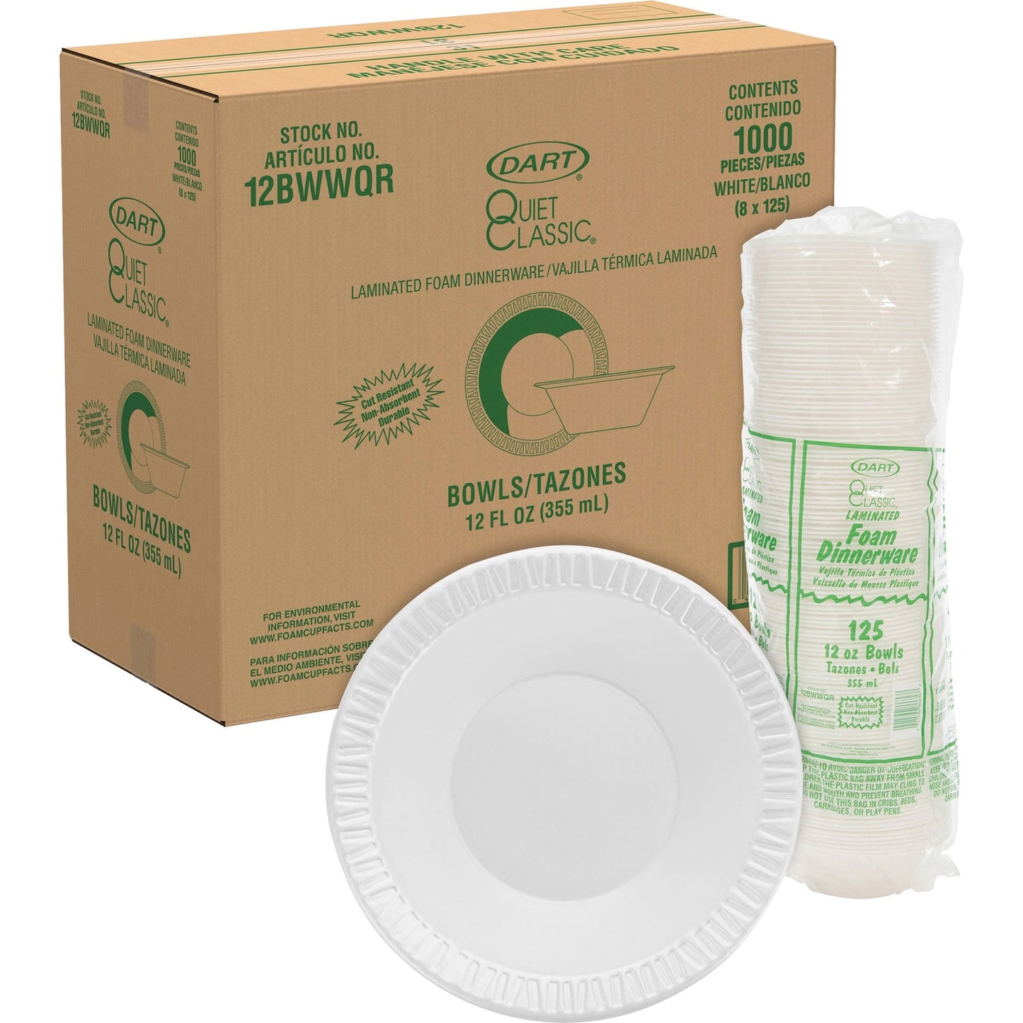 Dart Quiet Classic 12 oz Laminated Foam Bowls (DCC12BWWQR)