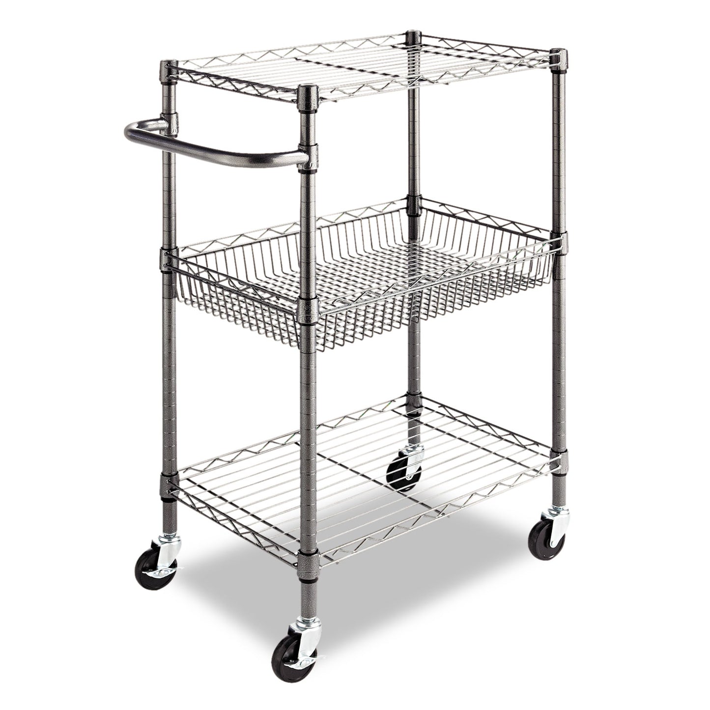 Alera Three-Tier Wire Cart with Basket, Metal, 2 Shelves, 1 Bin, 500 lb Capacity, 28" x 16" x 39", Black Anthracite (ALESW342416BA)