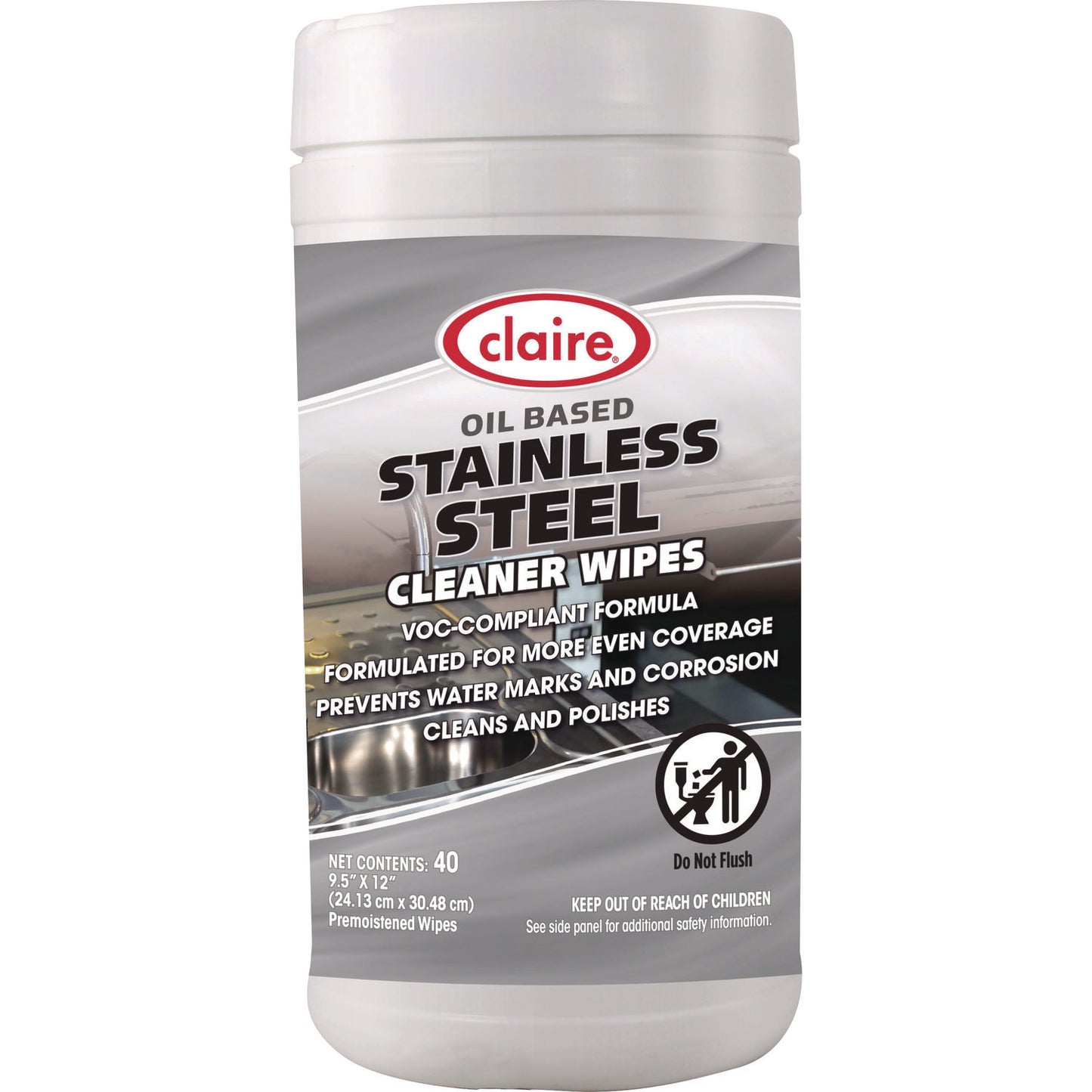 Claire Stainless Steel Cleaner Wipes, 9.5 x 12, Citrus, Purple, 40 Wipes/Canister, 6 Canisters/Carton (CGC993)