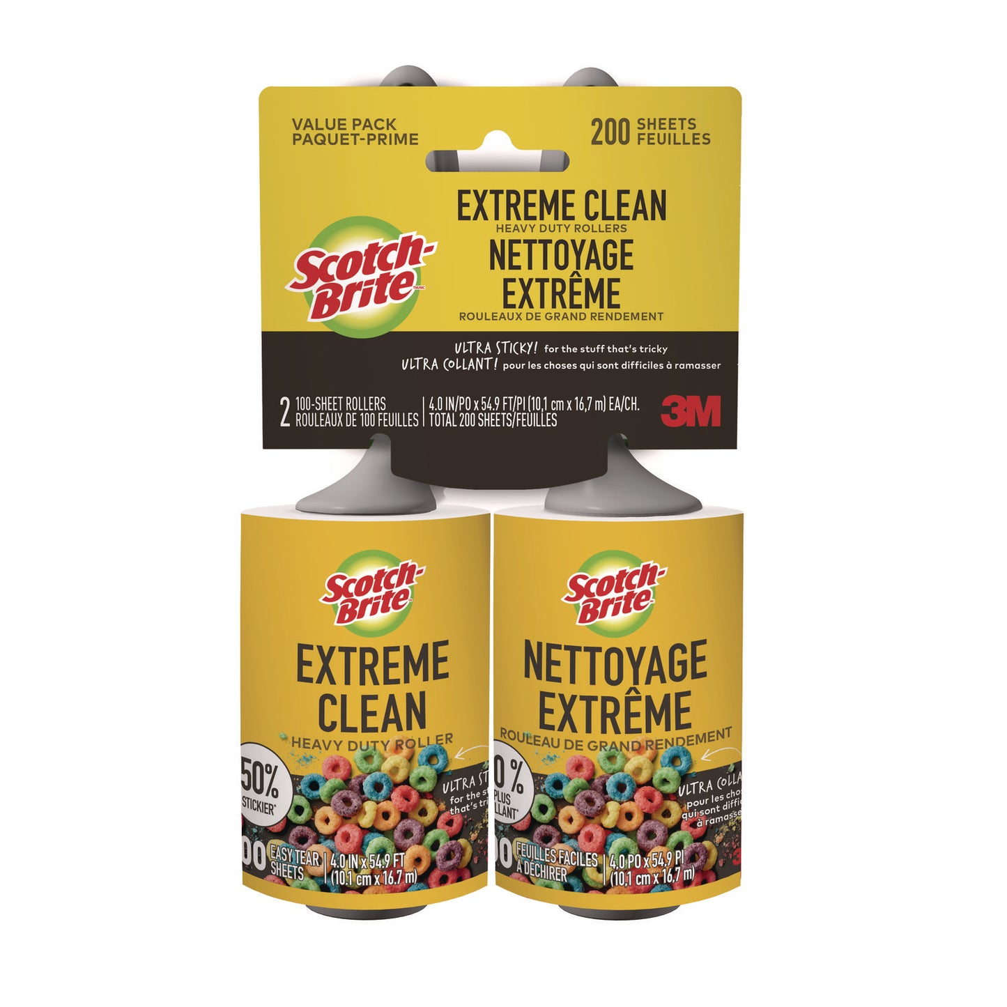 Scotch-Brite Extreme Clean Lint Roller, 4" x 54.59 ft, 100 Sheets/Roll, 2/Pack (MMM830RS100TP)