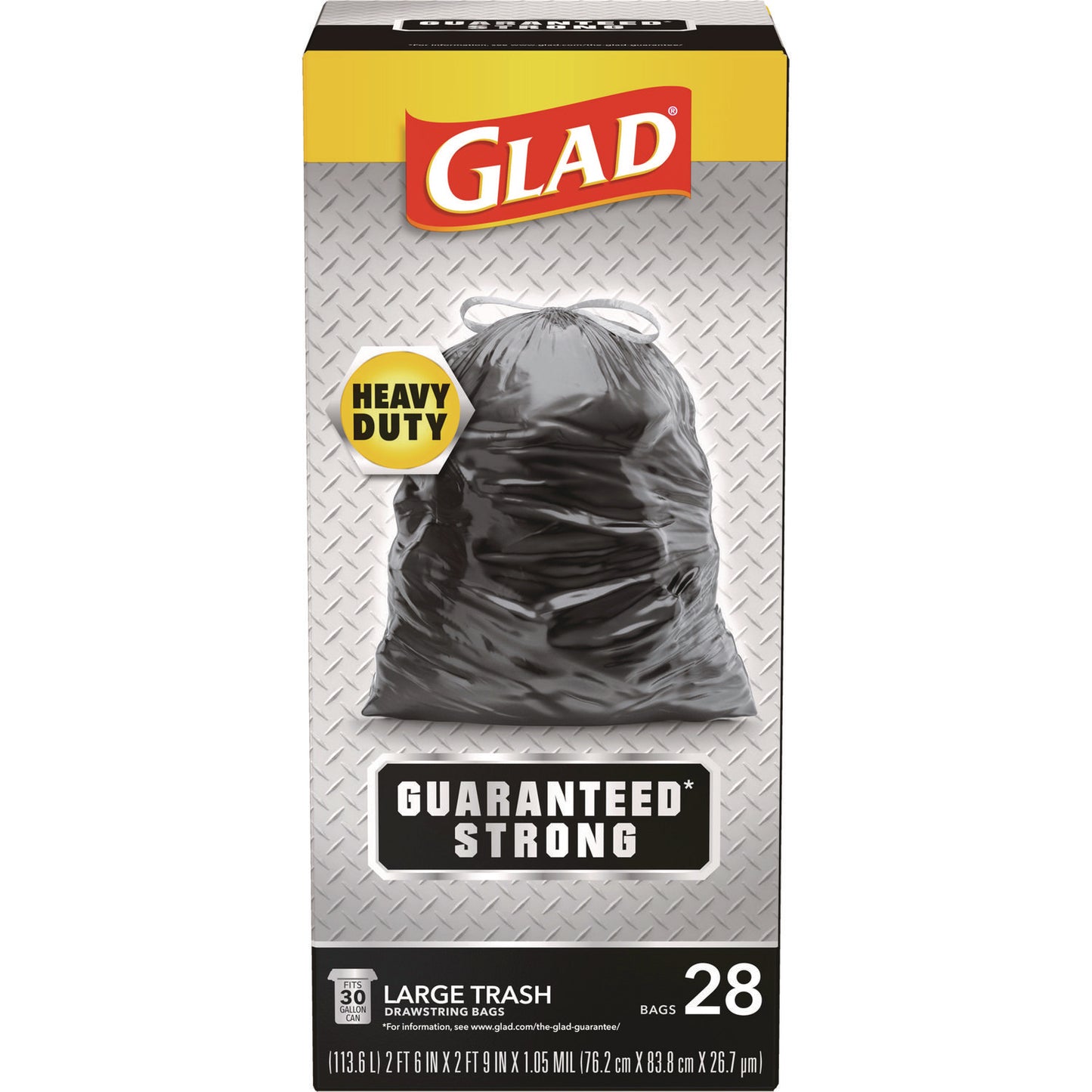 Glad Guaranteed Strong Large Drawstring Trash Bags, Three-Ply, 30 gal, 1.05 mil, 30" x 33", Black, 15/Box (CLO78966BX)