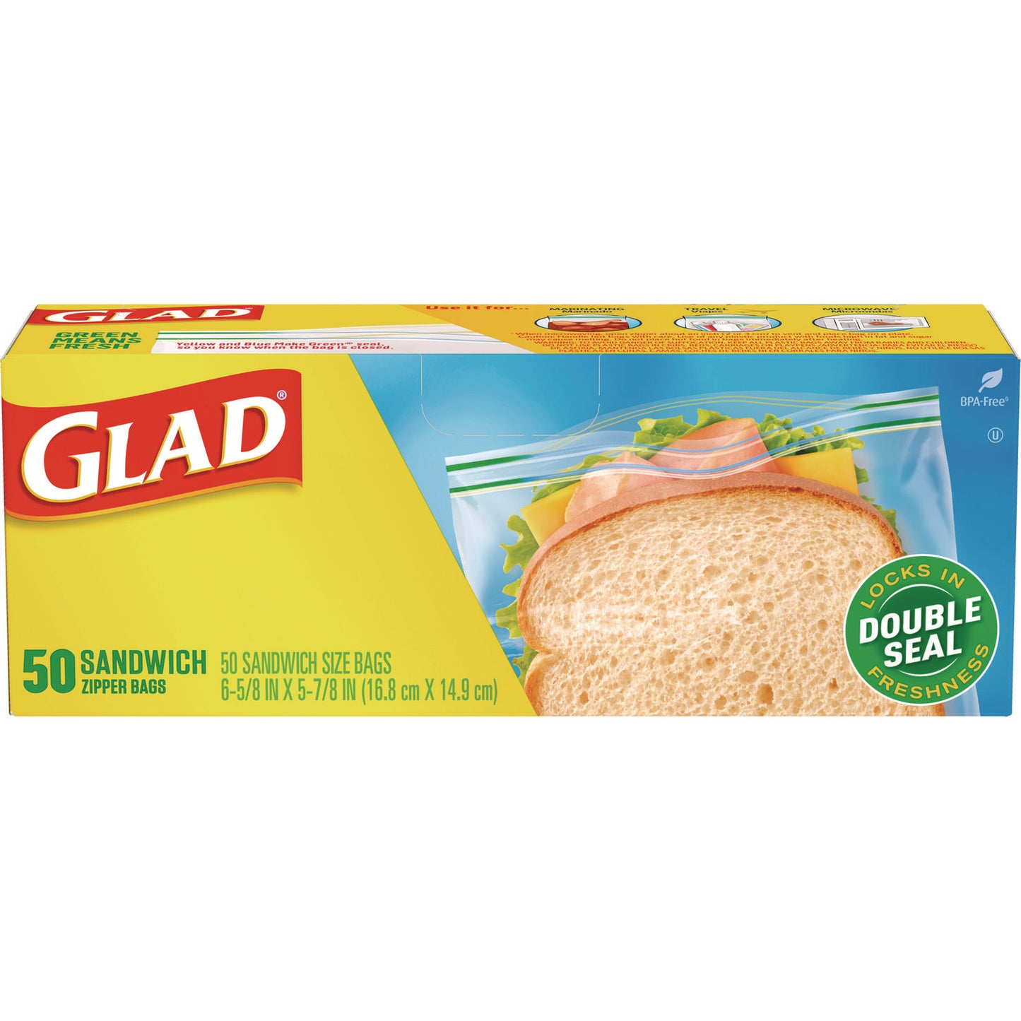 Glad Zipper Food Storage Sandwich Bags, 6.63" x 9.88" x 8", Clear, 600/Carton (CLO57263)