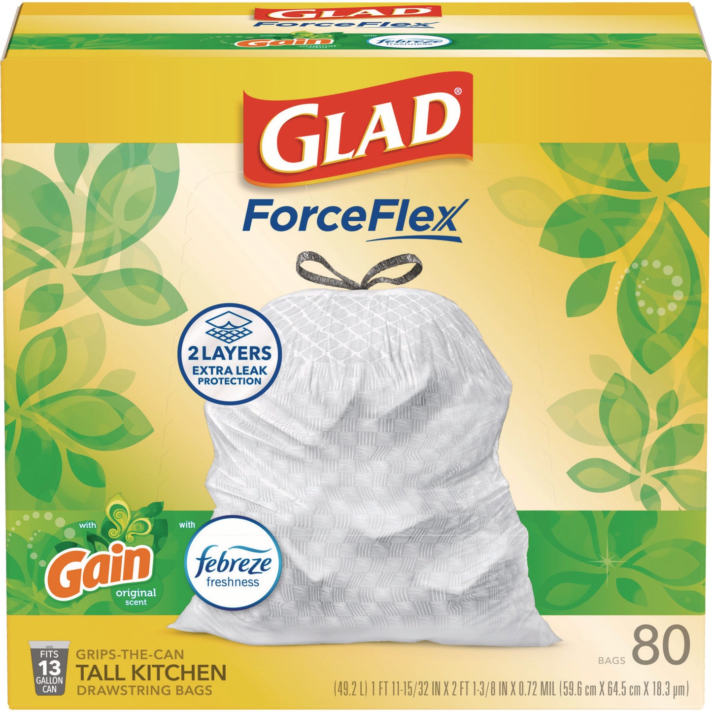 Glad ForceFlex Kitchen Drawstring Trash Bags, 13 gal, Gain Original Scent, 24" x 27.38", White, 80/Box (CLO78900BX)