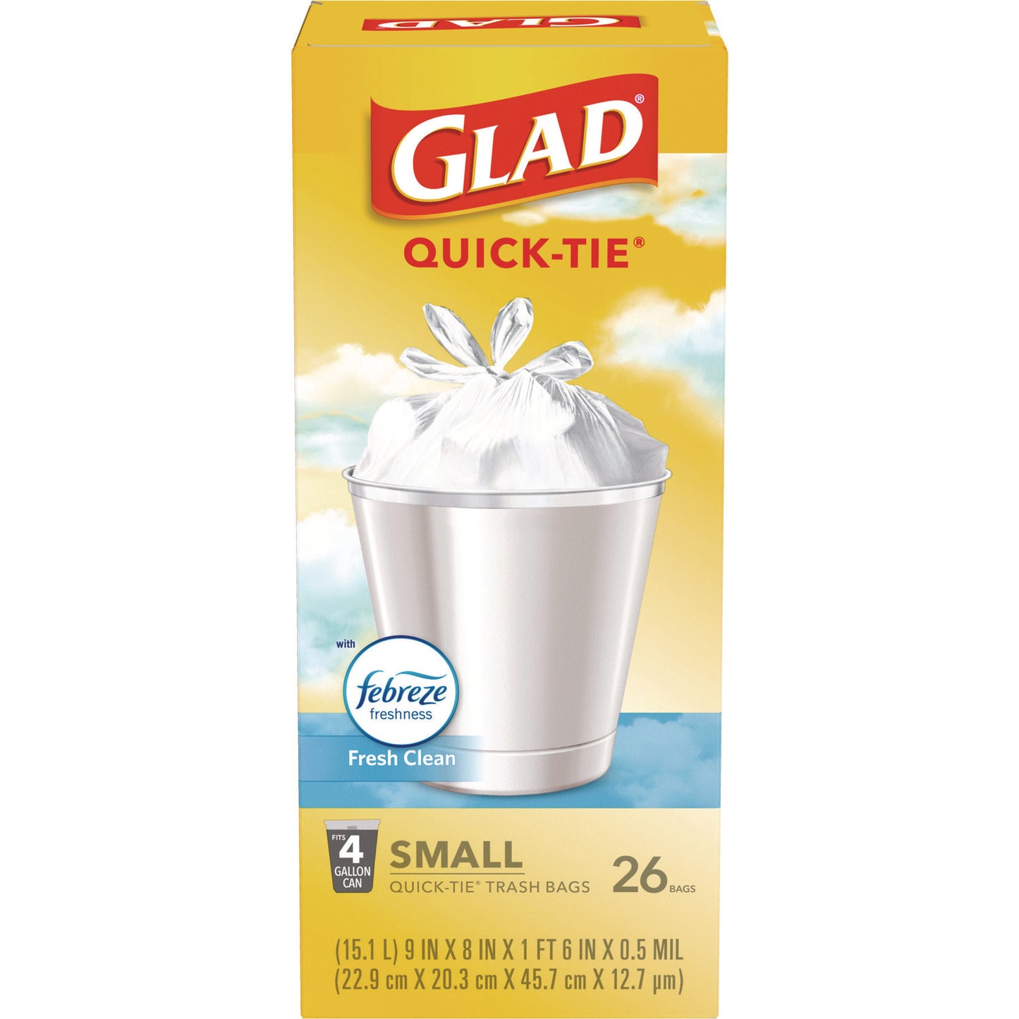 Glad OdorShield Quick-Tie Small Trash Bags, Tie-Flap, 4 gal, Fresh Clean Scent, 8" x 18", White, 26 Bags/Box, 6 Boxes/Carton (CLO78812)