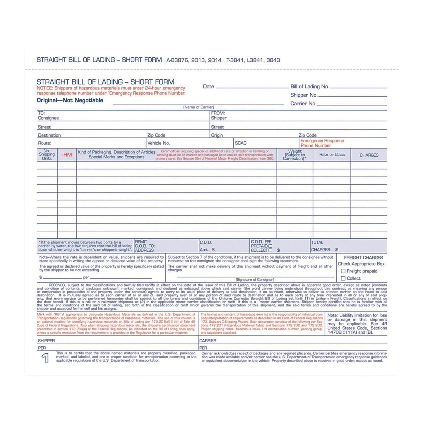Adams Bill of Lading - Short Form for Up to Ten Articles, Three-Part Carbonless, 8.5 x 6.94, 50 Forms Total (ABF9013)