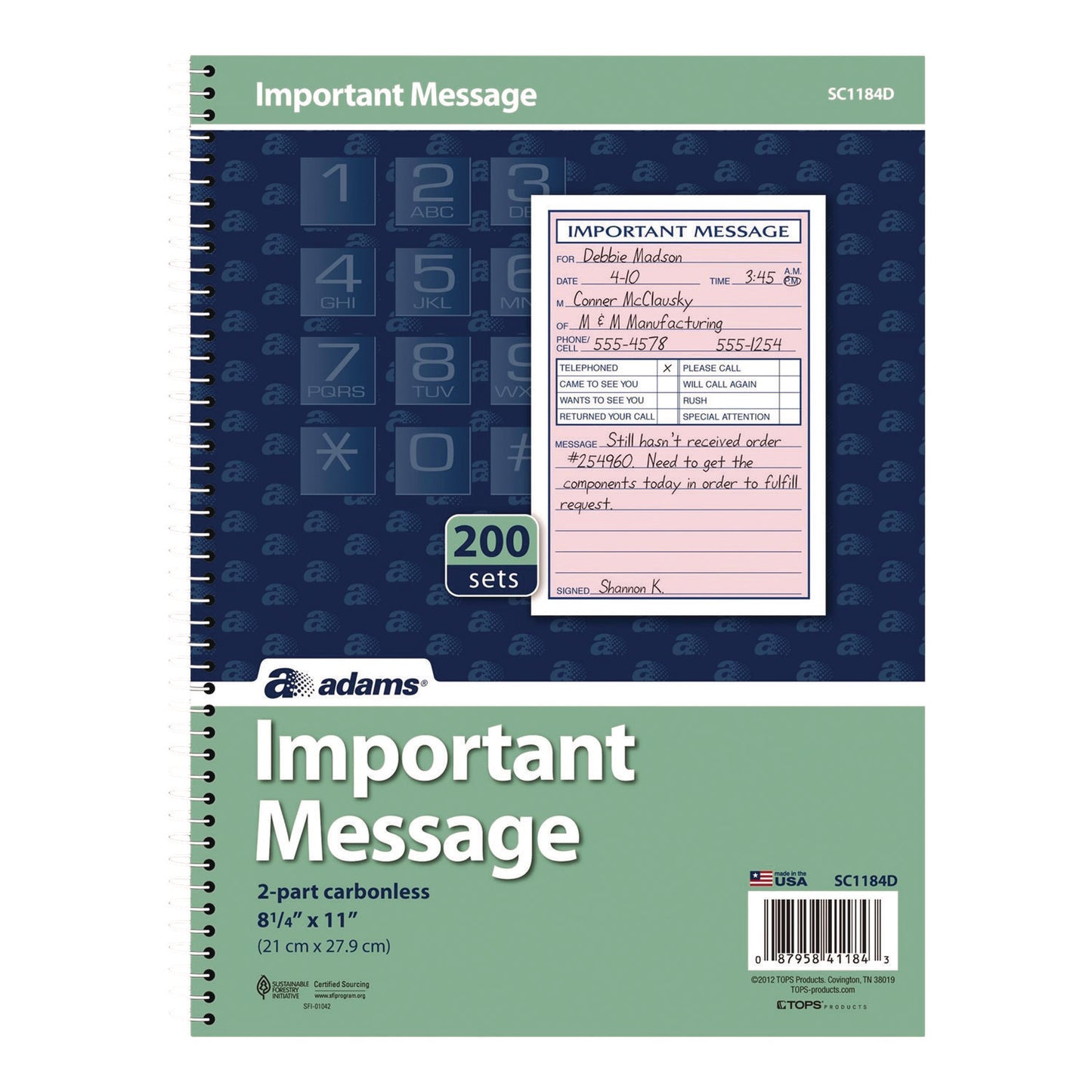 Adams Important Message Book, Two-Part Carbonless, 4 Forms/Sheet, 200 Forms Total (ABFSC1184D)