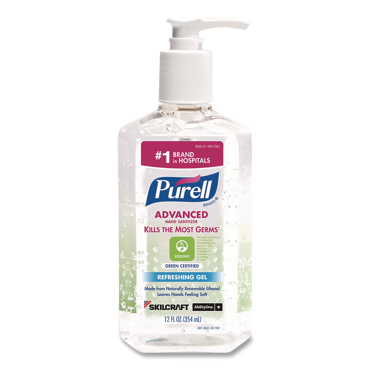 AbilityOne 8520014907365, SKILCRAFT Advanced Green Certified Instant Hand Sanitizer Gel, 12 oz Pump Bottle, Unscented, 12/Box
