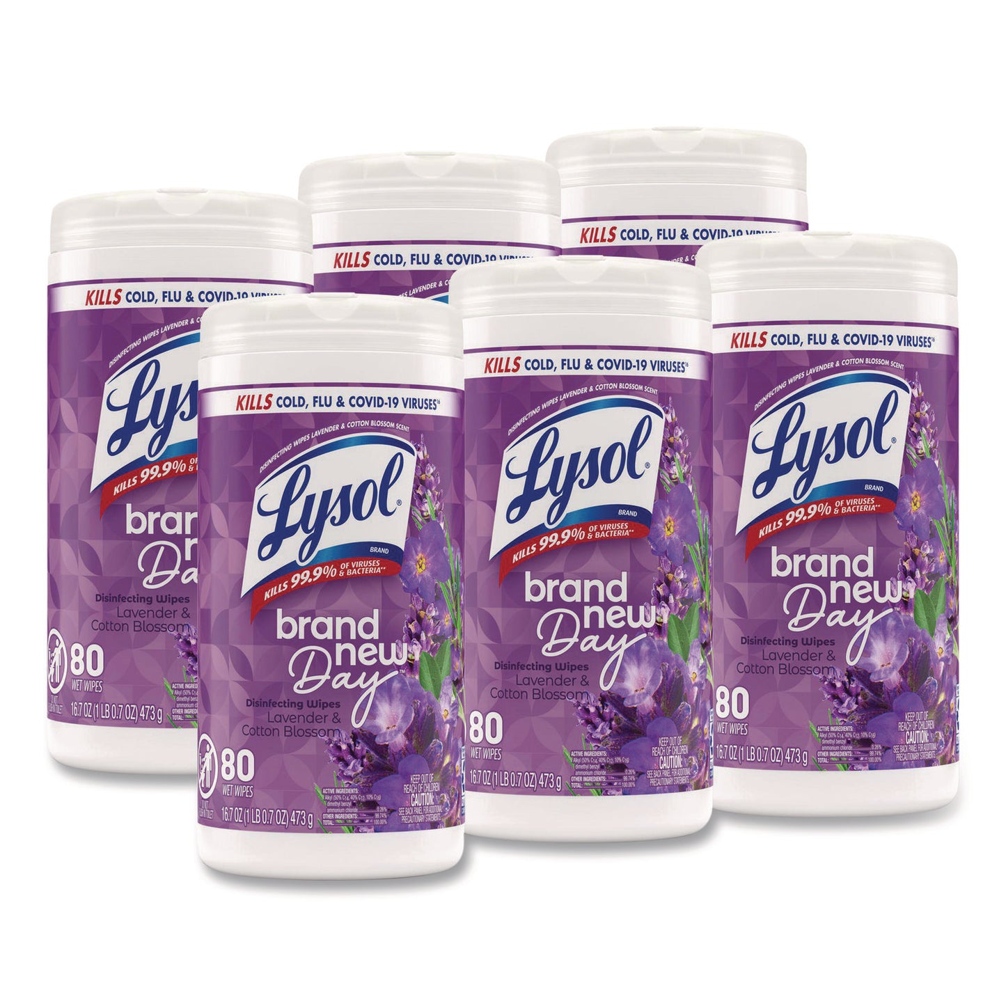 LYSOL Disinfecting Wipes, 1-Ply, 7 x 7.25, Lavender and Cotton Blossom, White, 80 Wipes/Canister, 6 Canisters/Carton (56264CT)