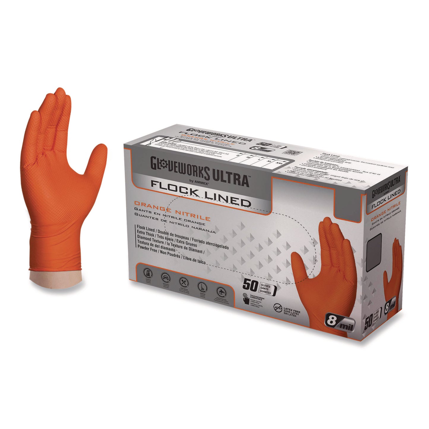 GloveWorks by AMMEX Ultra Industrial Flock-Lined Nitrile Disposable Gloves, Large, 6 mil Thick, 9.06" Long, Orange, 50/Box, 10 Boxes/Carton (GWUOFN46050)