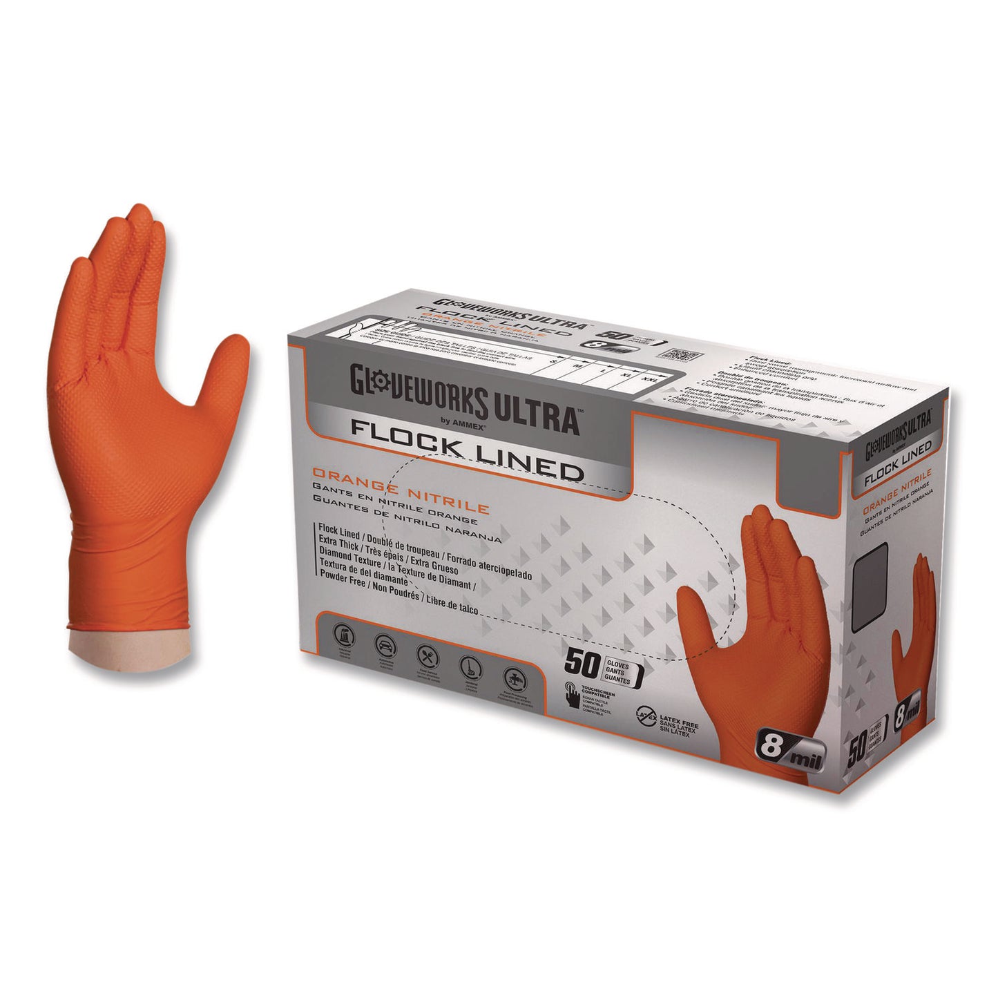 GloveWorks by AMMEX Ultra Industrial Flock-Lined Nitrile Disposable Gloves, X-Large, 6 mil Thick, 9.06" Long, Orange, 50/Box, 10 Boxes/Carton (GWUOFN48050)