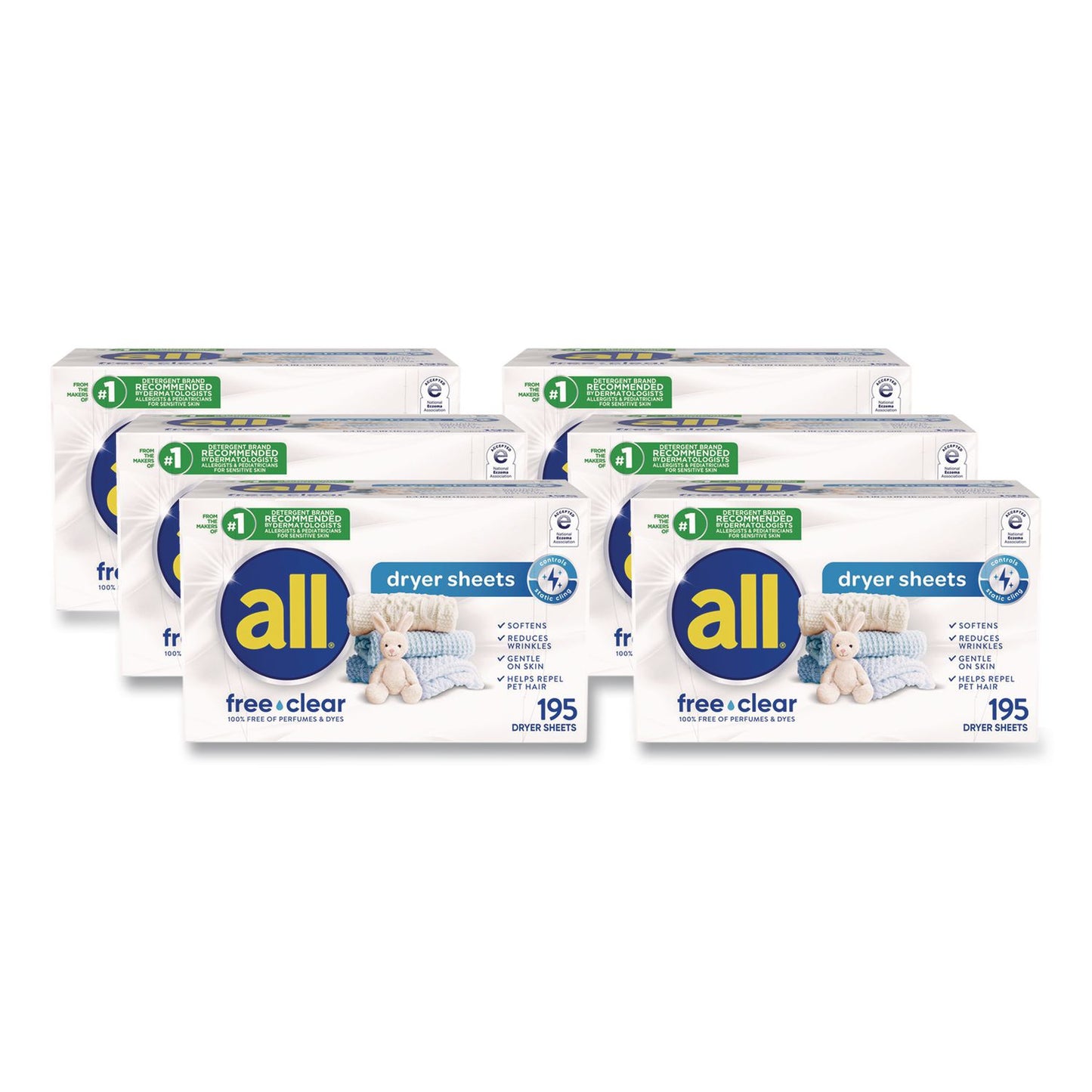 All Free Clear Dryer Sheets, Fragrance Free, 195 Sheets/Packs, 6 Packs/Carton (47362)