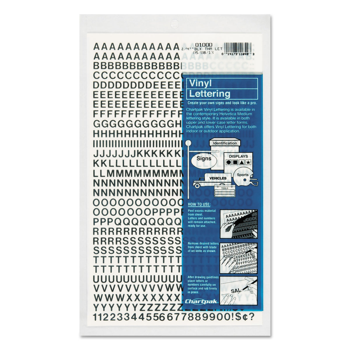 Chartpak Press-On Vinyl Letters and Numbers, Self Adhesive, Black, 0.25"h, 610/Pack (CHA01000)