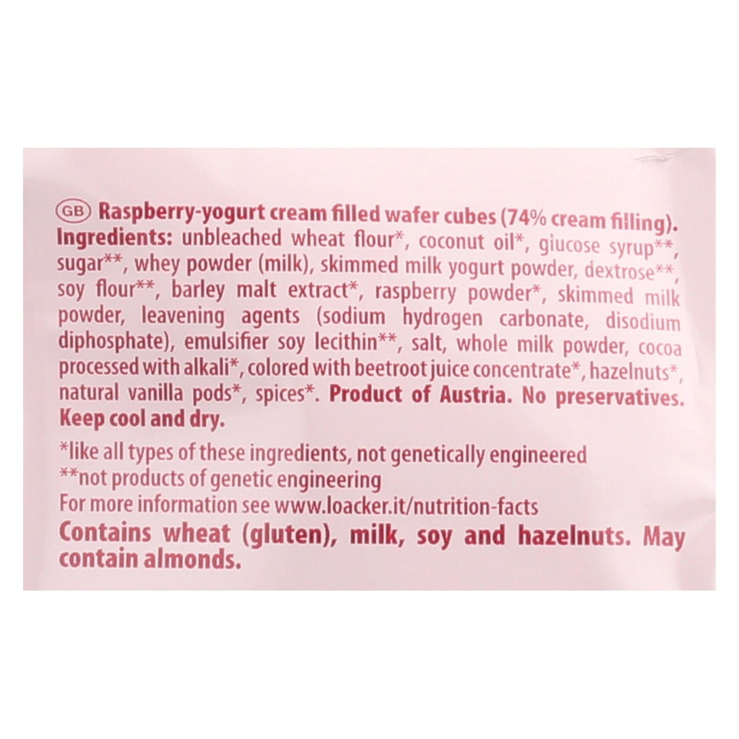 Loacker Quadratini Wafer Cookies, Raspberry-yogurt, Bite Size Wafer Cookies - Case Of 6 - 7.76 Oz