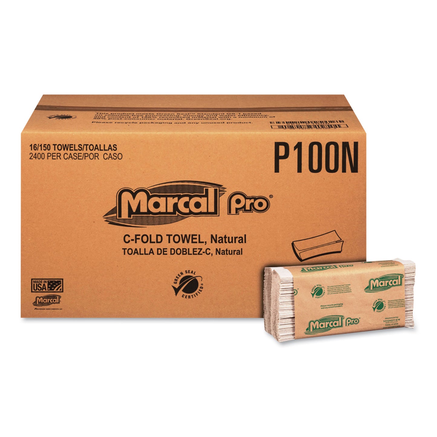 Marcal PRO Folded Paper Towels, 1-Ply, 12.88 x 10.13, Natural, 150/Pack, 16 Packs/Carton (MRCP100N)