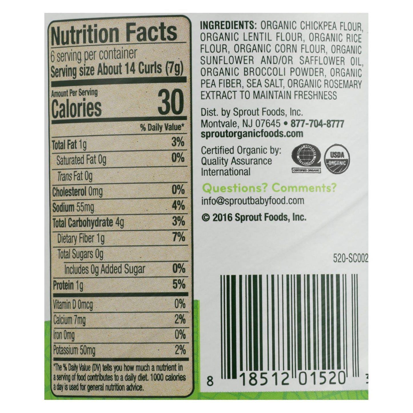 Sprout Organic Broccoli Curlz Baked Toddler Snacks - Case Of 6 - 1.48 Oz