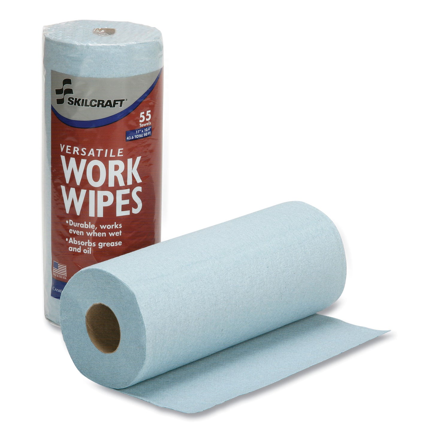 AbilityOne 7920016850956, SKILCRAFT Industrial Work Wipes, 1-Ply, 10.4 x 11, Blue, 55 Wipes/Roll, 12 Rolls/Carton