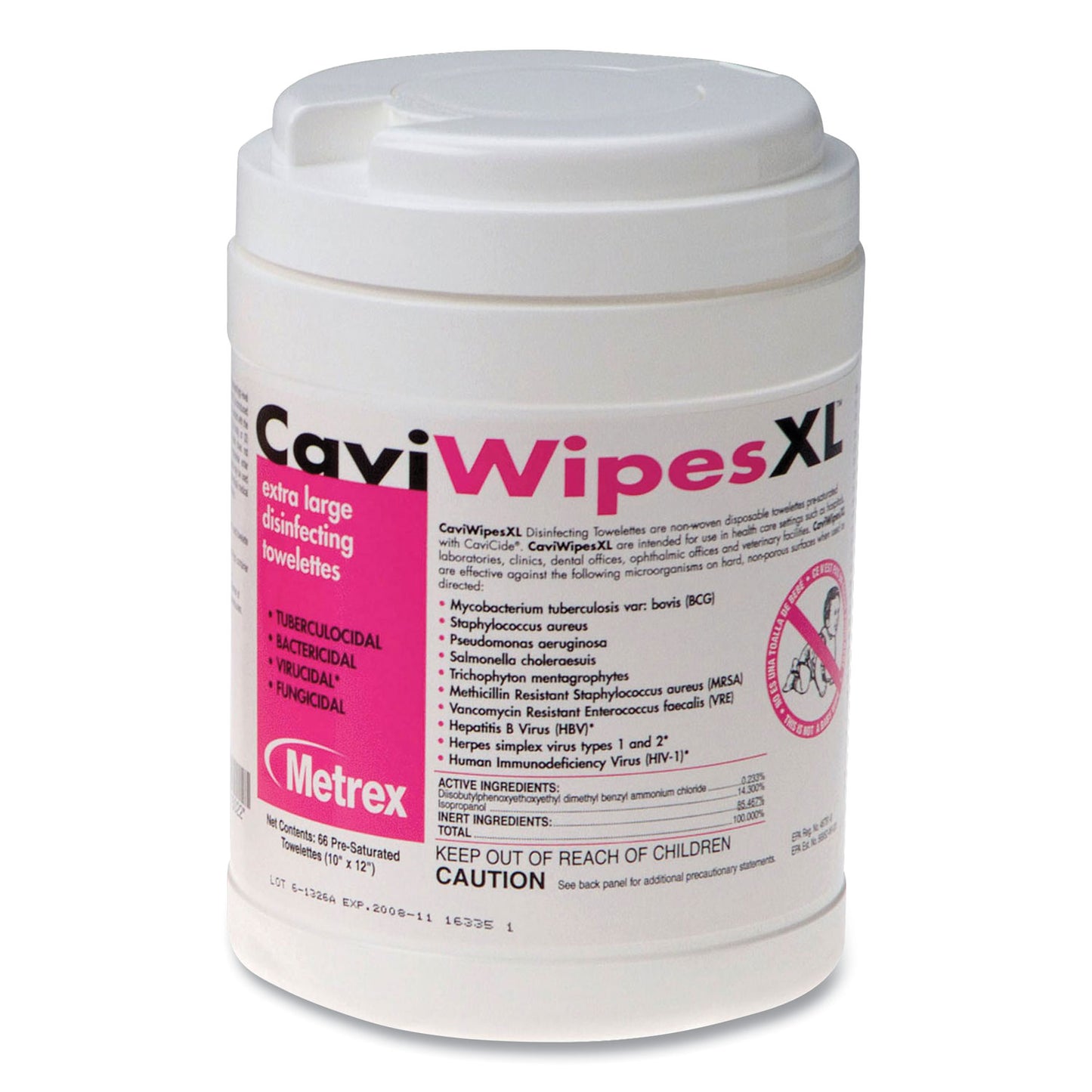 Caviwipes XL Disinfecting Towelettes, 10 x 12, Fragrance Free, White, 66 Wipes/Canister (BHCMACW078150)