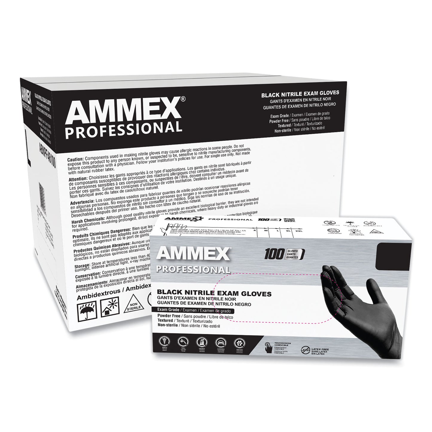 AMMEX Professional Nitrile Exam Gloves, Powder-Free, 3 mil, Medium, Black, 100/Box (AXCABNPF44100)
