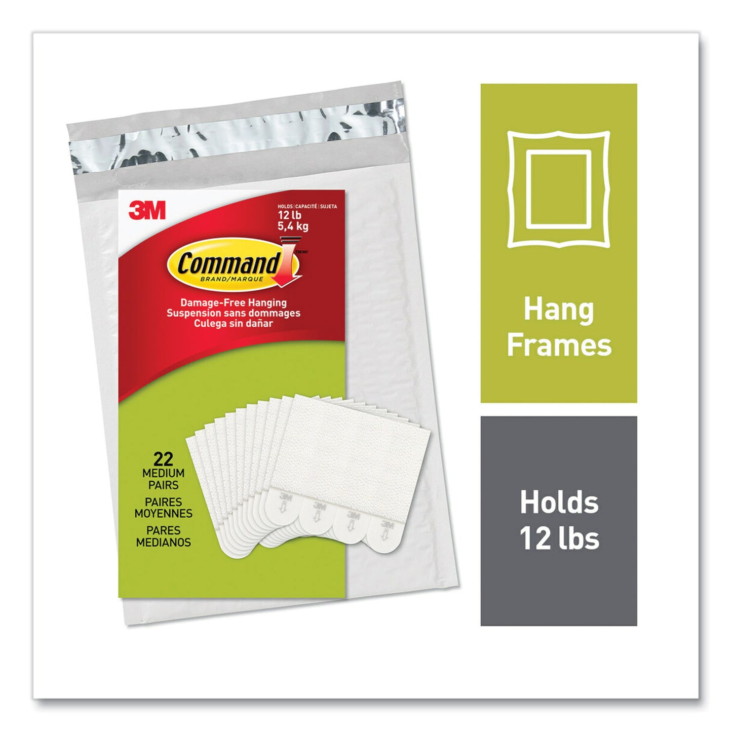 Command Picture Hanging Strips, Removable, Holds Up to 3 lbs per Pair, Medium, 0.63 x 2.75, White, 22 Pairs/Pack (MMM1720422)