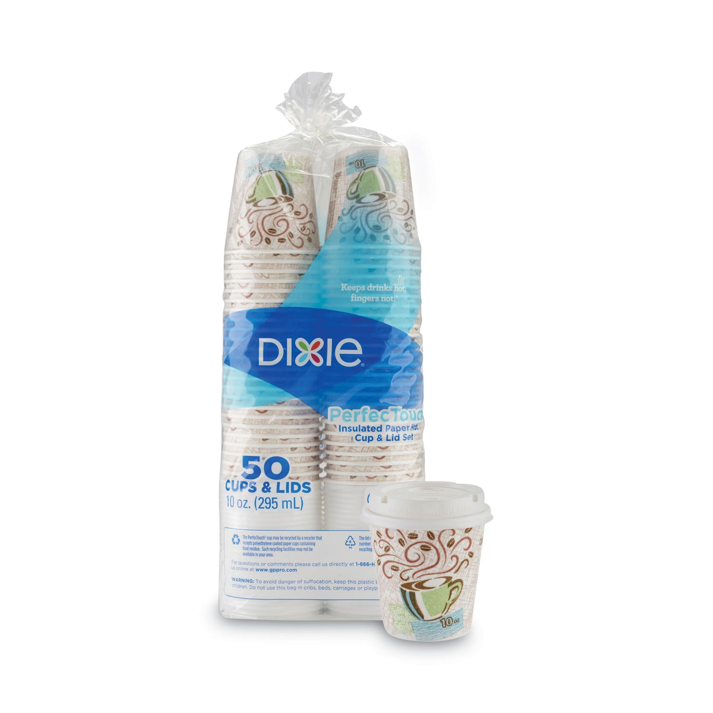 Dixie PerfecTouch Paper Hot Cups and Lids Combo, 10 oz, Multicolor, 50 Cups/Lids/Pack (DXE5310COMBO600)