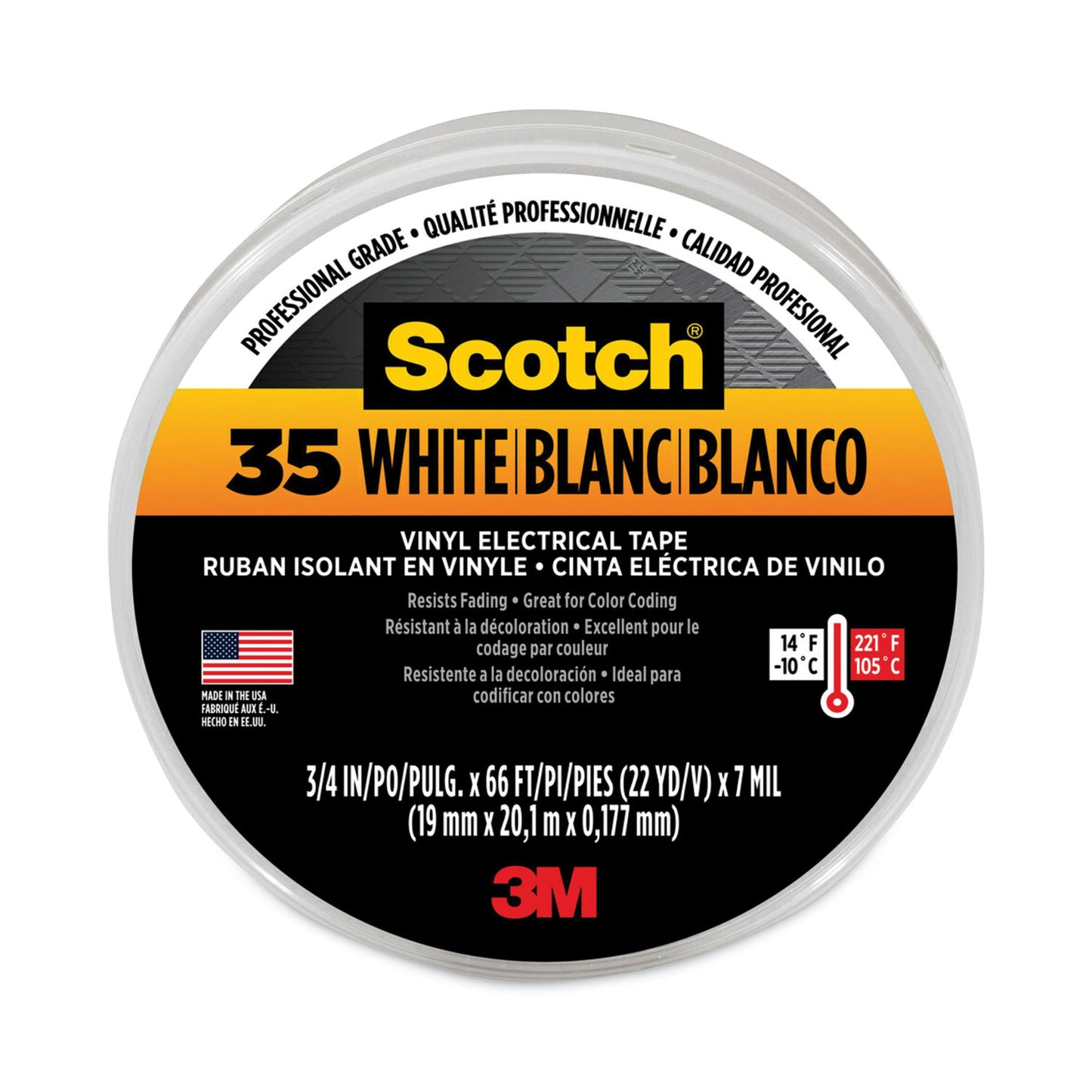 3M Scotch 35 Vinyl Electrical Color Coding Tape, 3" Core, 0.75" x 66 ft, White (MMM10828)