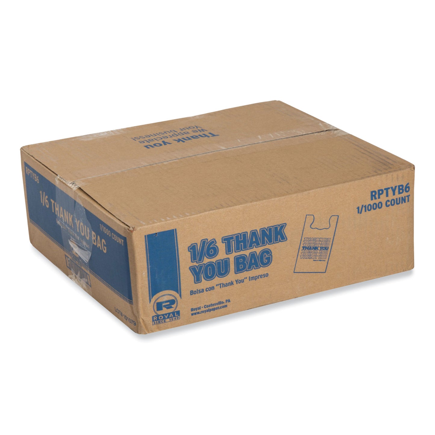 AmerCareRoyal Thank You Bags, Thank You - Have a Nice Day Labeling, Cut-Out Handles, 11.5" x 6.5" x 21", White/Red, 1,000/Carton (RPPRPTYB6)
