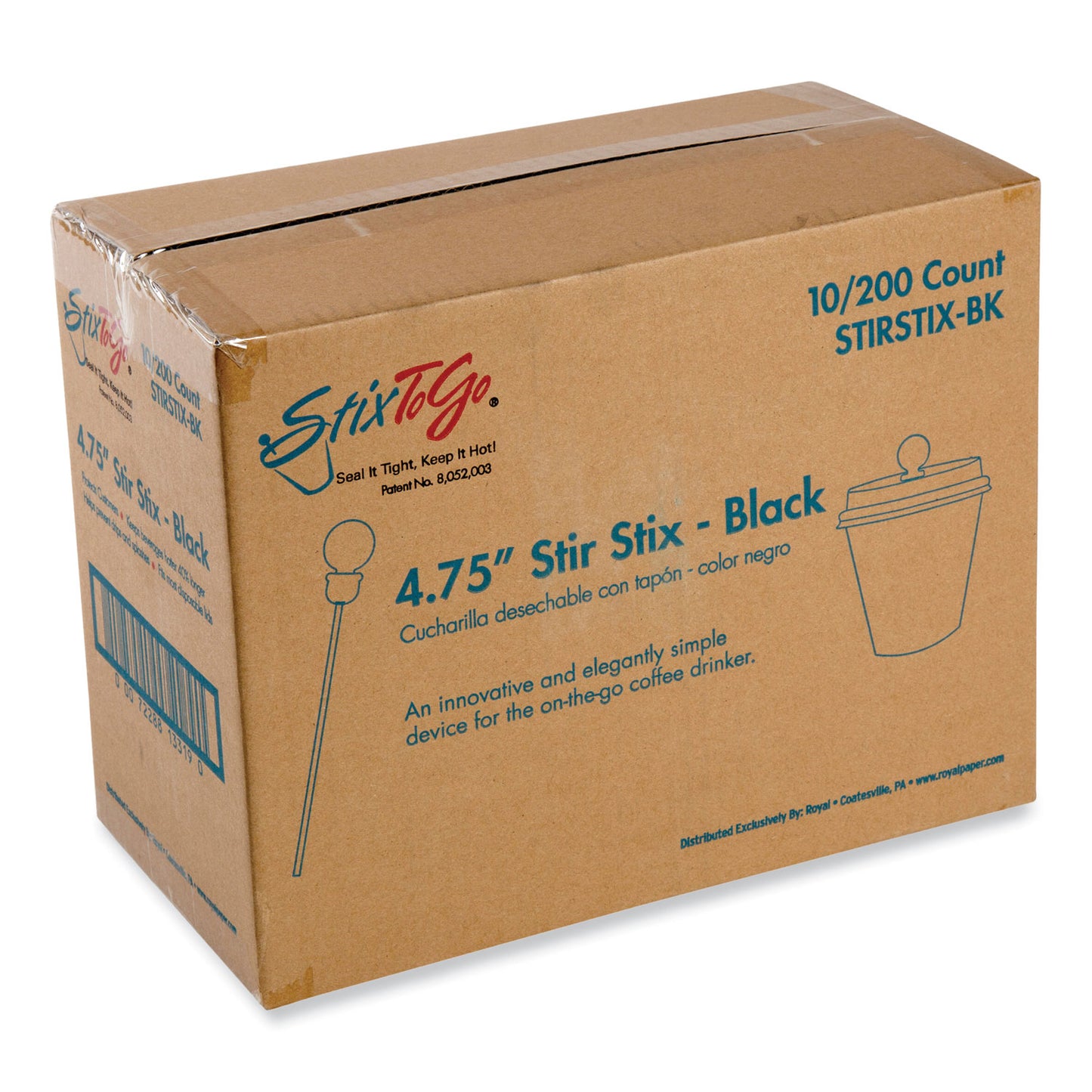 AmerCareRoyal Beverage Plugs, 4.75", Black 2,000/Carton (RPPSTIRSTIXBK)