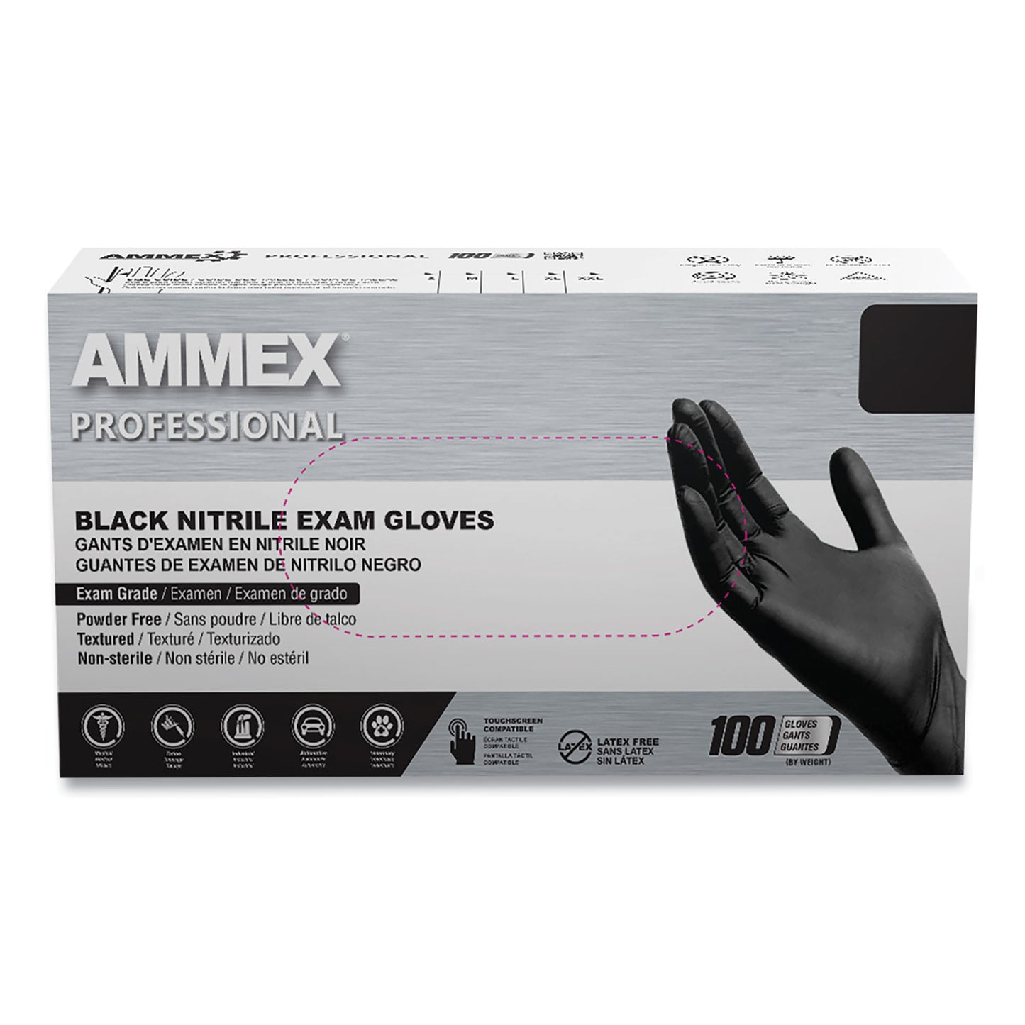 AMMEX Professional Nitrile Exam Gloves, Powder-Free, 3 mil, Medium, Black, 100/Box, 10 Boxes/Carton (AXCABNPF44100CT)