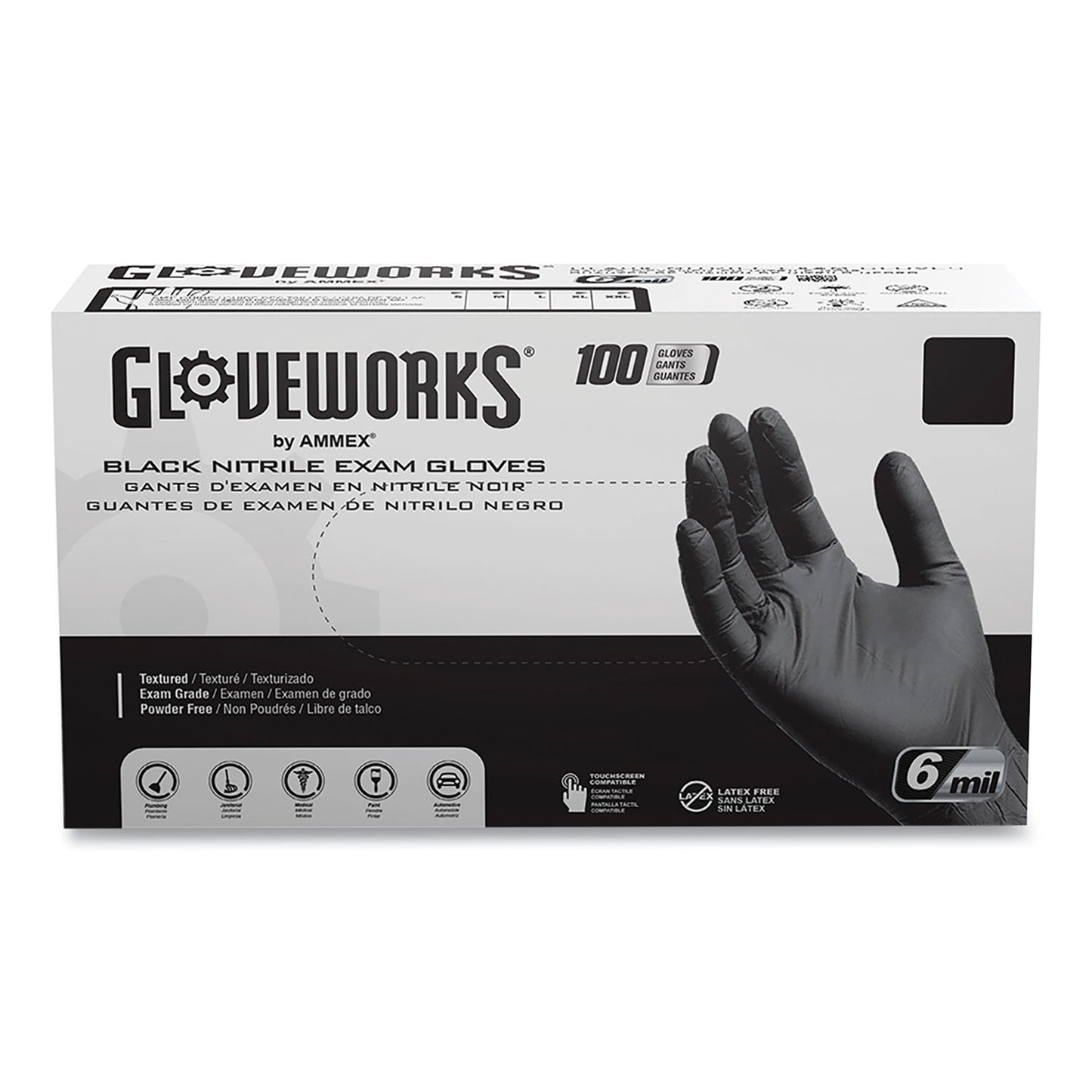 GloveWorks by AMMEX Nitrile Exam Gloves, Powder-Free, 6 mil, Small, Black, 100 Gloves/Box, 10/Carton (AXCGWBEN42100)