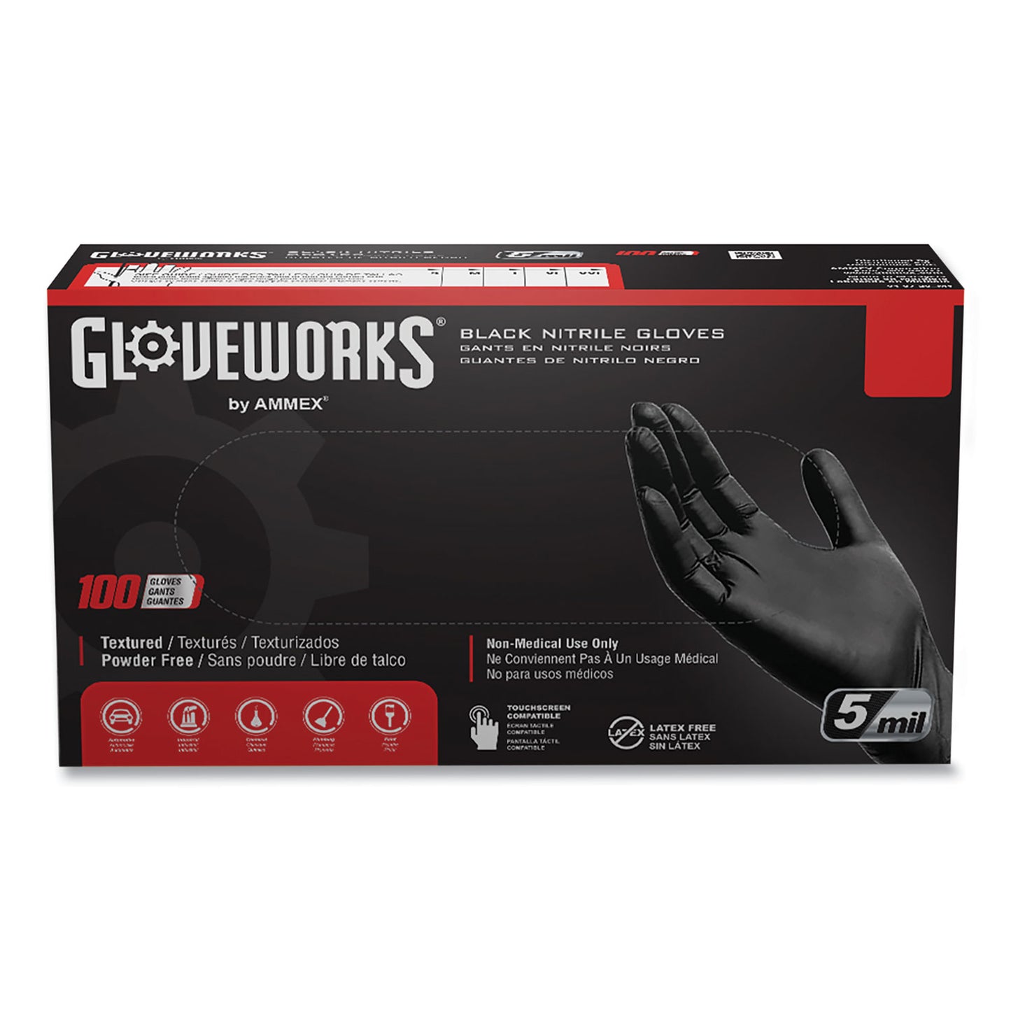 GloveWorks by AMMEX Industrial Nitrile Gloves, Powder-Free, 5 mil, Large, Black, 100 Gloves/Box, 10 Boxes/Carton (AXCGPNB46100)