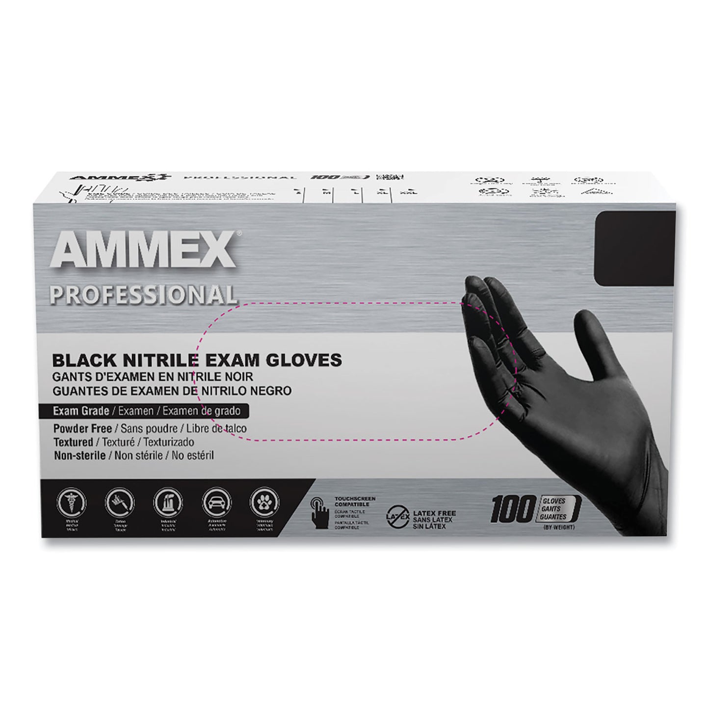 AMMEX Professional Nitrile Exam Gloves, Powder-Free, 3 mil, Small, Black, 100/Box, 10 Boxes/Carton (AXCABNPF42100)
