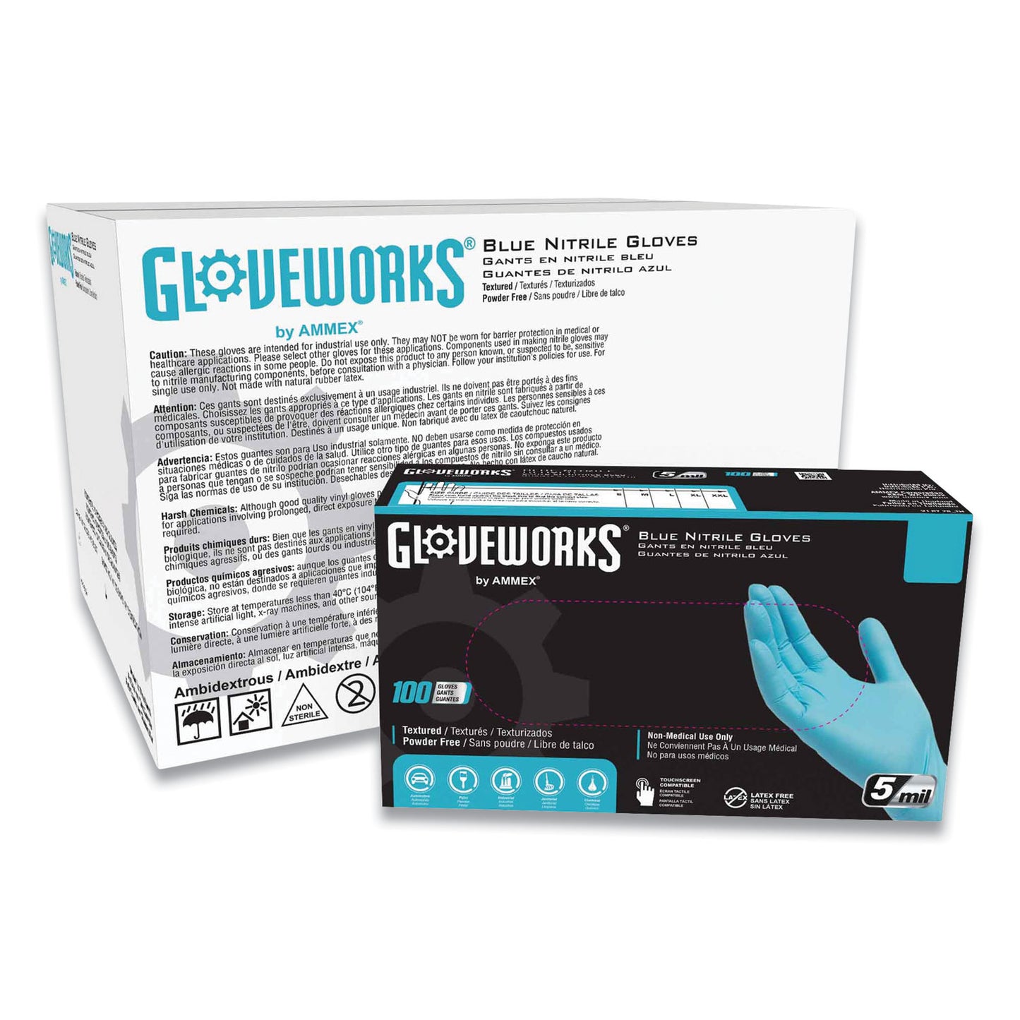 GloveWorks by AMMEX Industrial Nitrile Gloves, Powder-Free, 5 mil, Blue, Large, 100 Gloves/Box, 10 Boxes/Carton (AXCINPF46100)