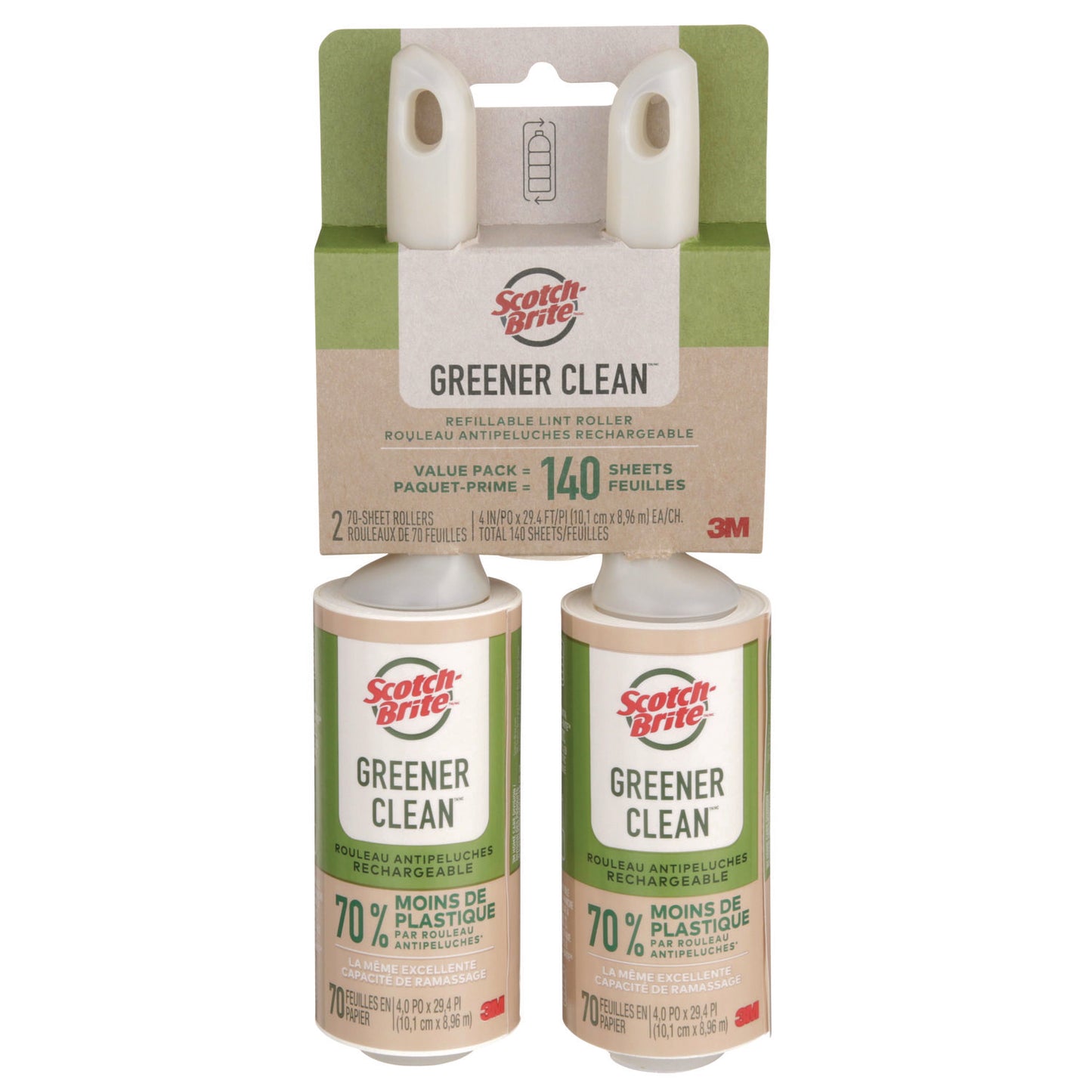 Scotch-Brite Greener Clean Lint Roller, 4" x 29.4 ft, 70 Sheets/Roller (MMM841RS70)