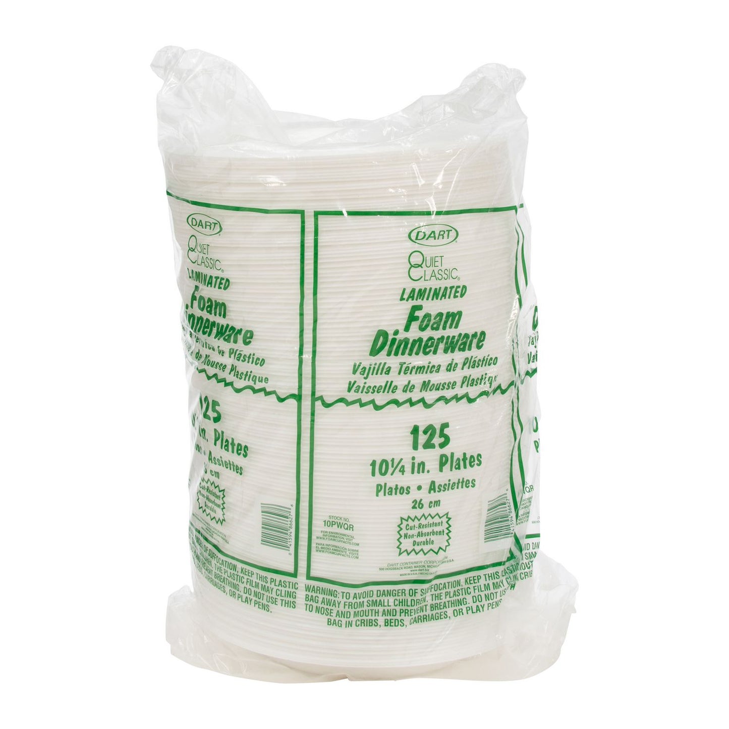 Dart Quiet Classic Laminated Foam Dinnerware, Plate, 10" dia, White, 500/Carton (DCC10PWQ)