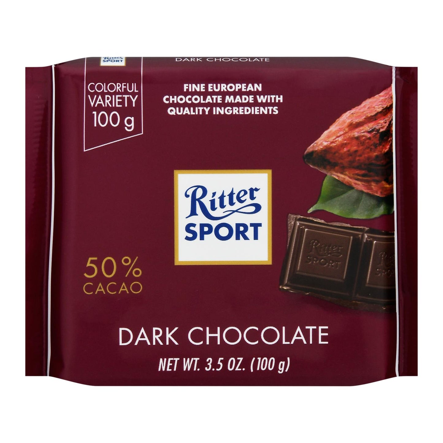 Ritter Sport Chocolate Bar - Bittersweet Chocolate - 50 Percent Cocoa - 3.5 Oz Bars - Case Of 12
