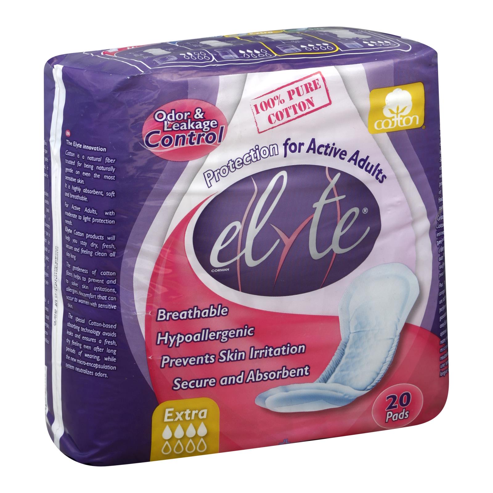 Elyte Light Cotton Incontinence Pads - Extra - 5 In X 13 In - 20 Pack