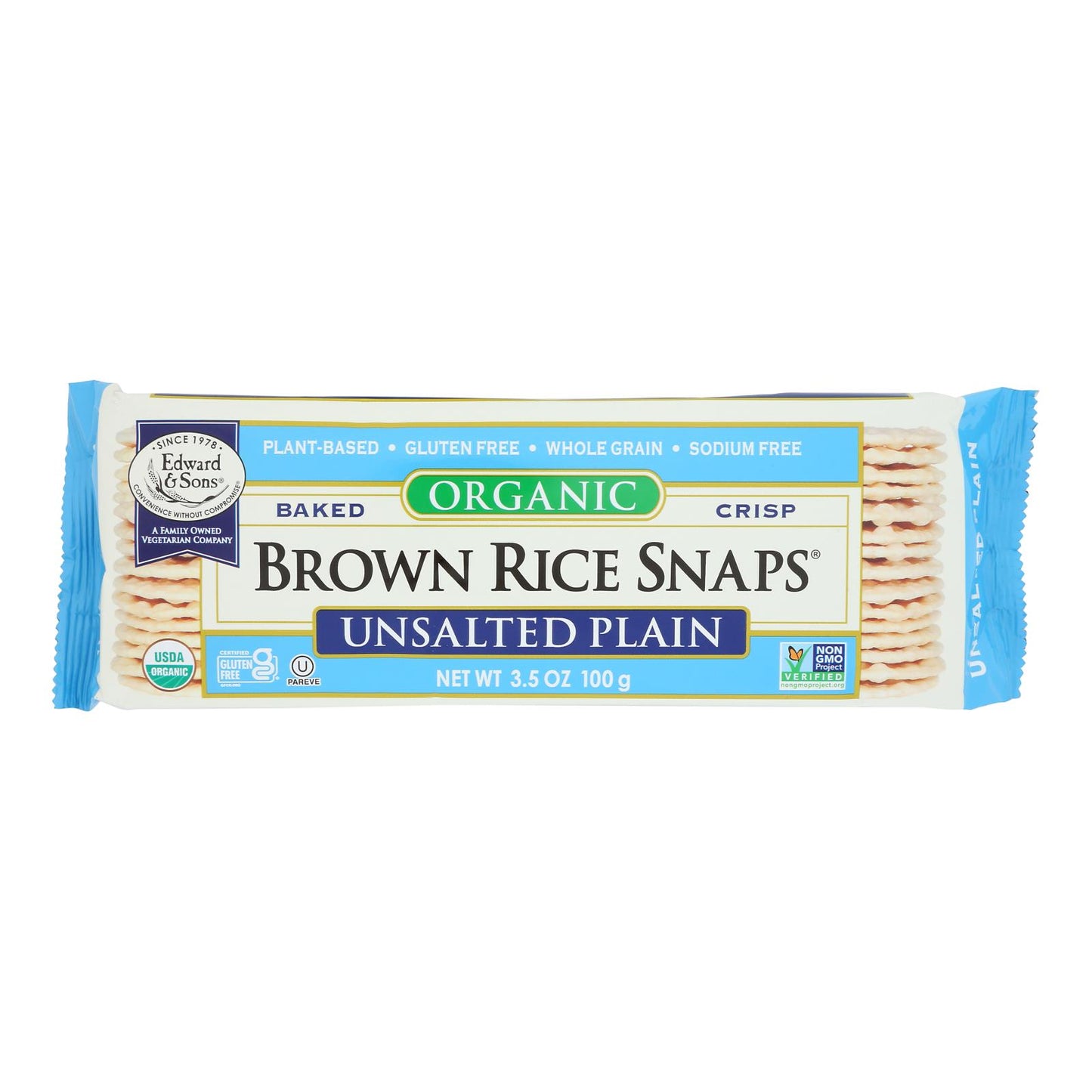 Edward and Sons Brown Rice Snaps - Unsalted Plain - Case of 12 - 3.5 oz.