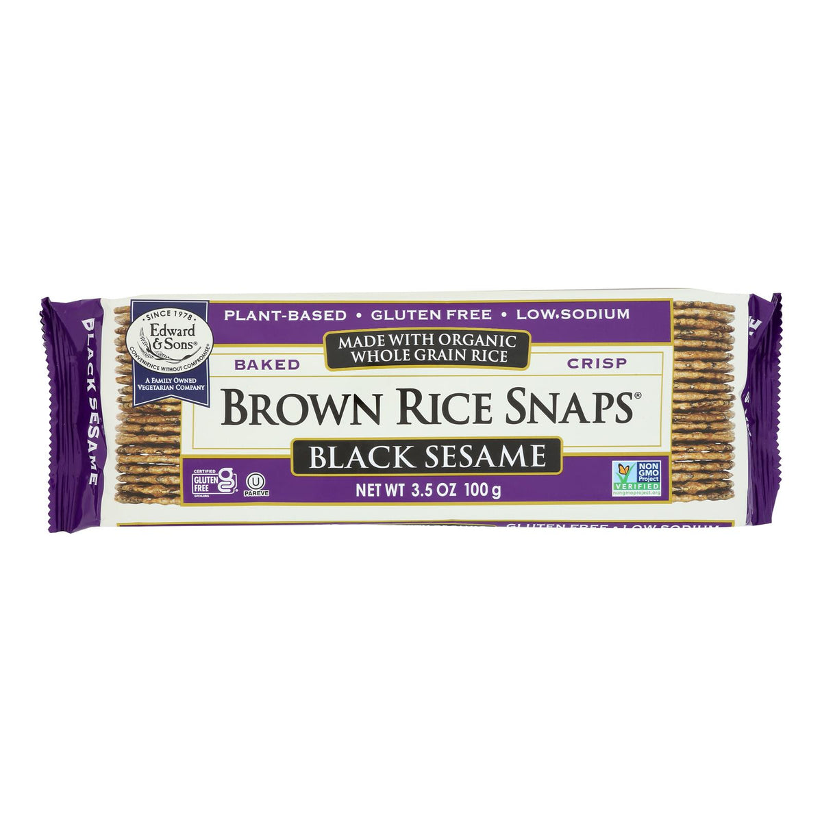 Edward and Sons Brown Rice Snaps - Black Sesame - Case of 12 - 3.5 oz.