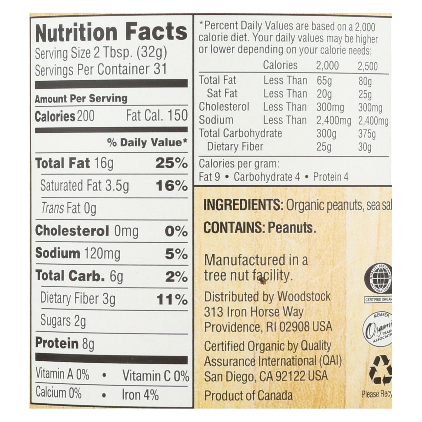 Woodstock Organic Smooth Easy Spread Peanut Butter - Case of 12 - 35 OZ