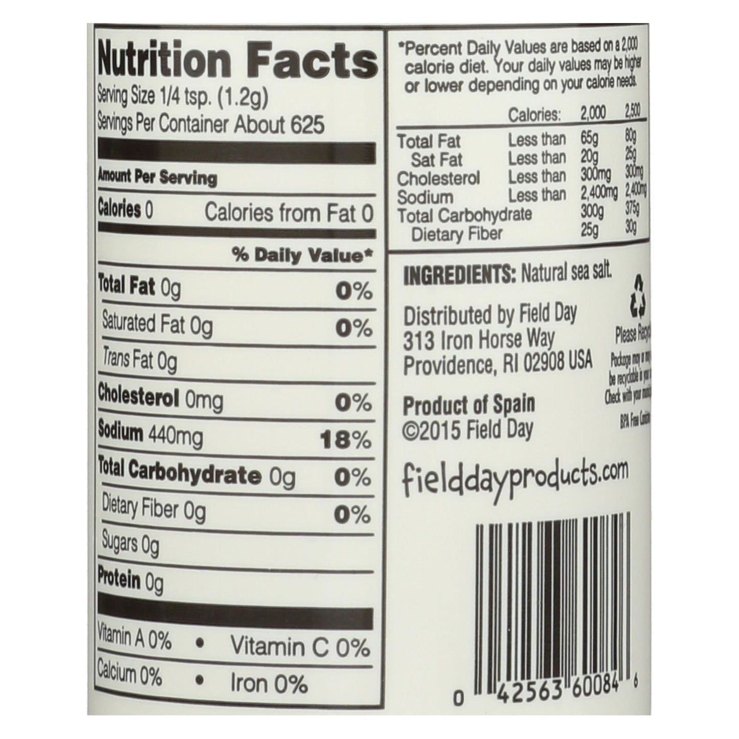 Field Day Sea Salt - Mediterranean - Fine - 26.5 oz - case of 20