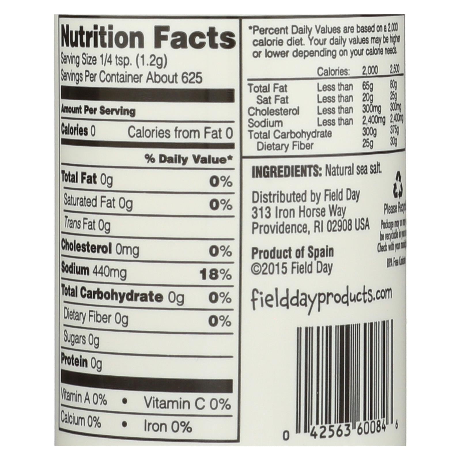 Field Day Sea Salt - Mediterranean - Fine - 26.5 oz - case of 20