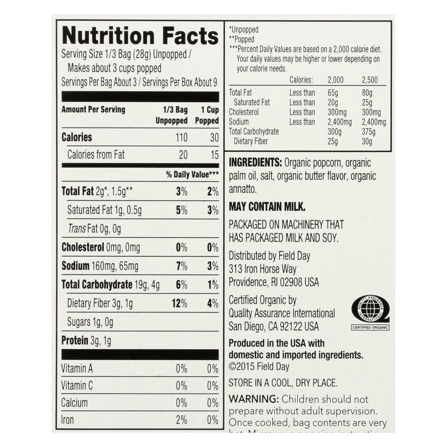 Field Day Microwave Popcorn - Organic - Light Butter - 3/3 oz - case of 12