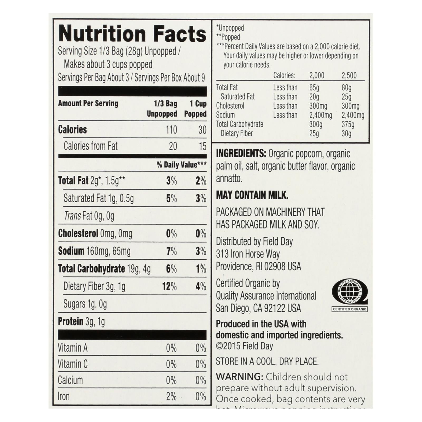 Field Day Microwave Popcorn - Organic - Light Butter - 3/3 oz - case of 12