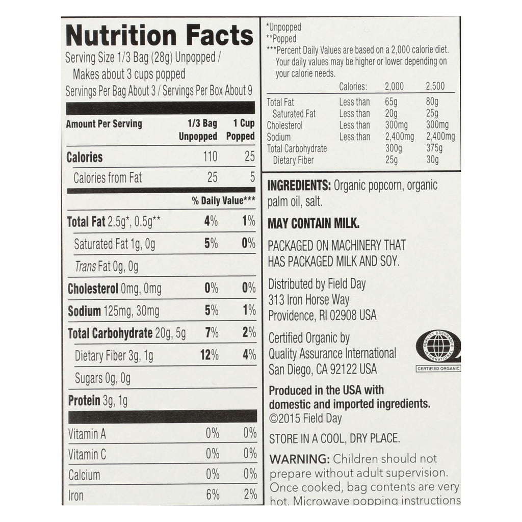 Field Day Microwave Popcorn - Organic - Salted -  3/3 oz - case of 12