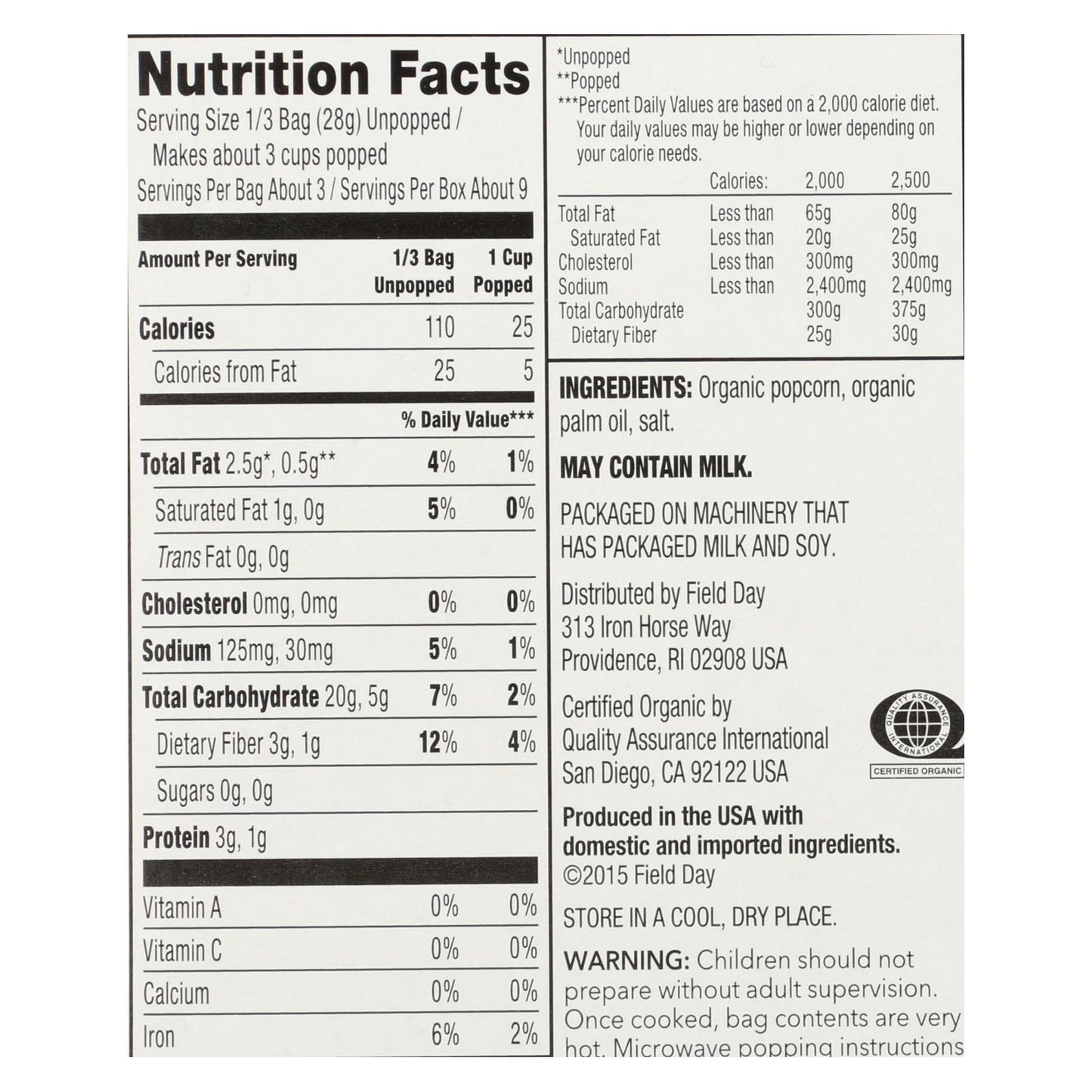 Field Day Microwave Popcorn - Organic - Salted -  3/3 oz - case of 12