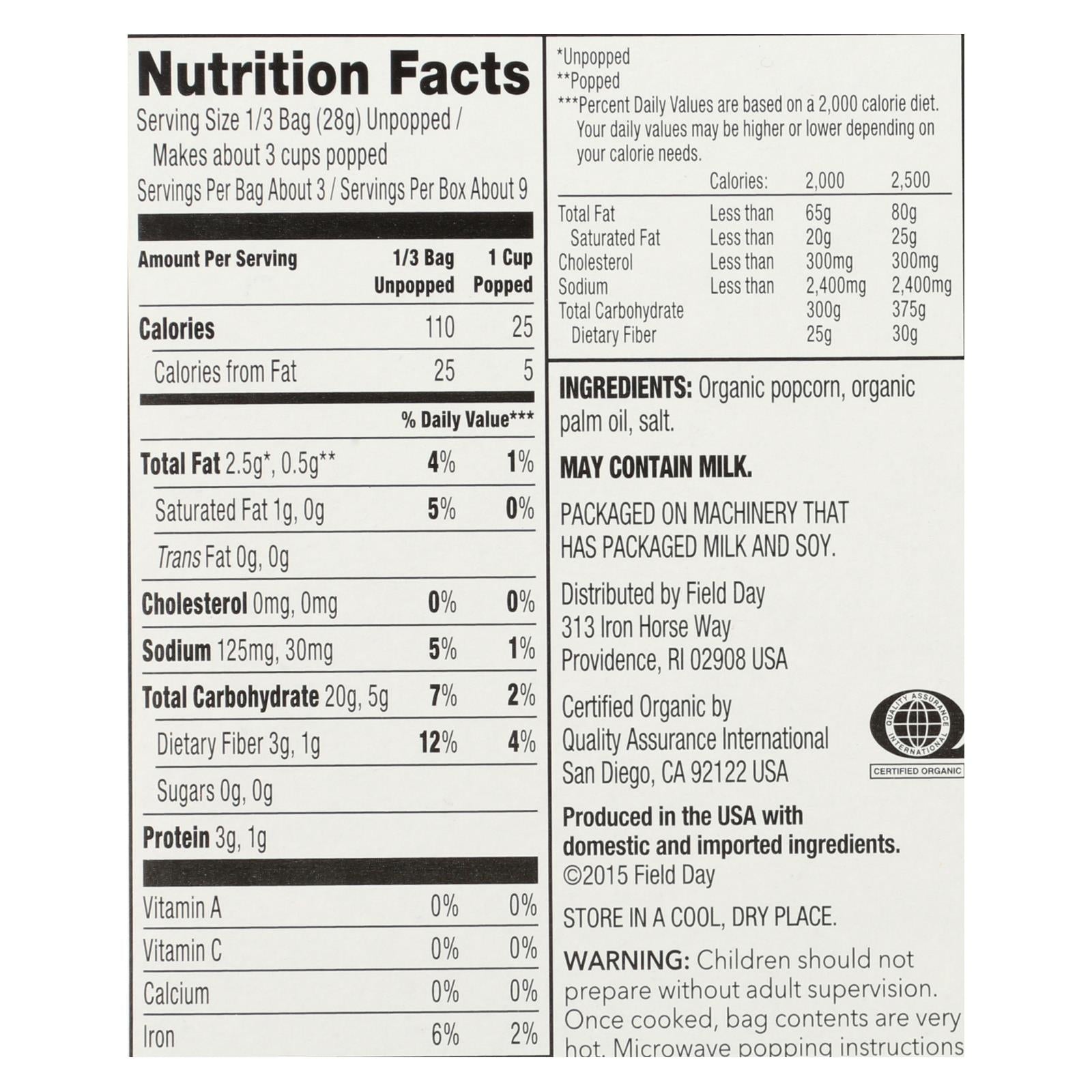 Field Day Microwave Popcorn - Organic - Salted -  3/3 oz - case of 12