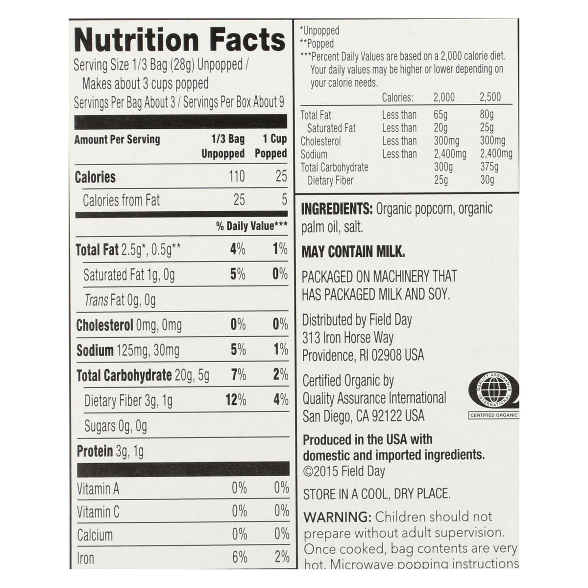 Field Day Microwave Popcorn - Organic - Salted -  3/3 oz - case of 12