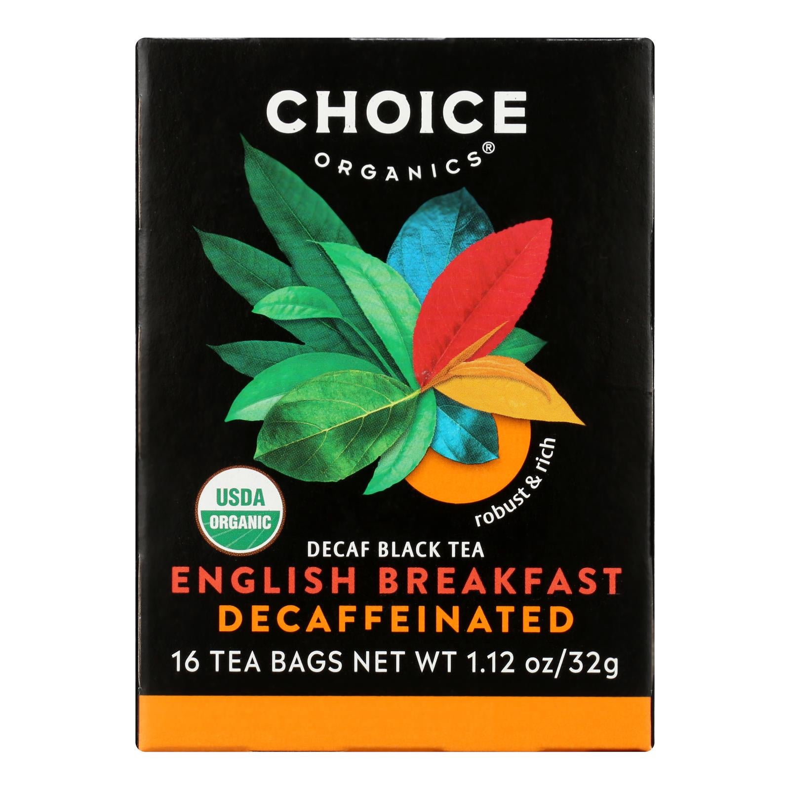 Choice Organic Black Tea - Decaffeinated English Breakfast - Case of 6 - 16 Bags