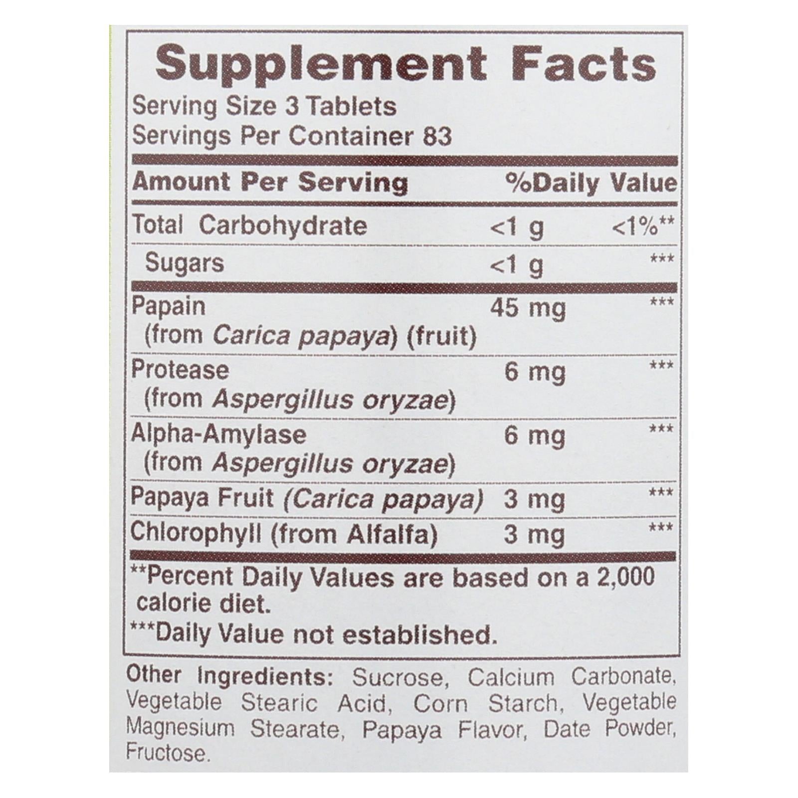 American Health - Papaya Enzyme with Chlorophyll Chewable - 250 Tablets